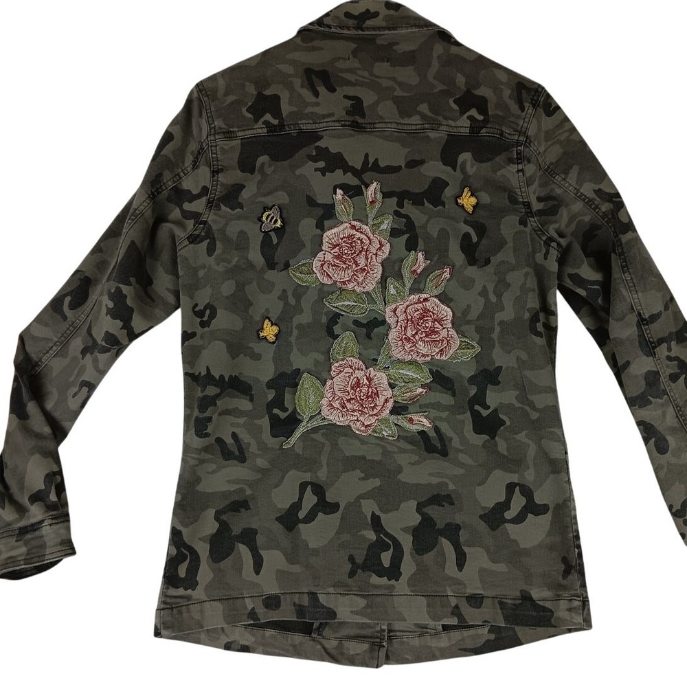 Gianni Bini Jacket‎ Military Utility Women M Green Camo Floral Bee Embroidered